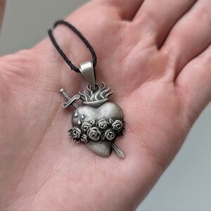 Sterling silver 925 sacred heart sword flame rose pendant